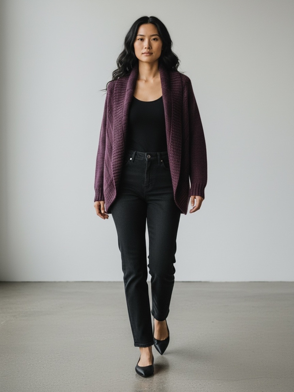 Ricki’s Burgundy Black Circle Cardigan Sweater Open Front Draped Collar Small